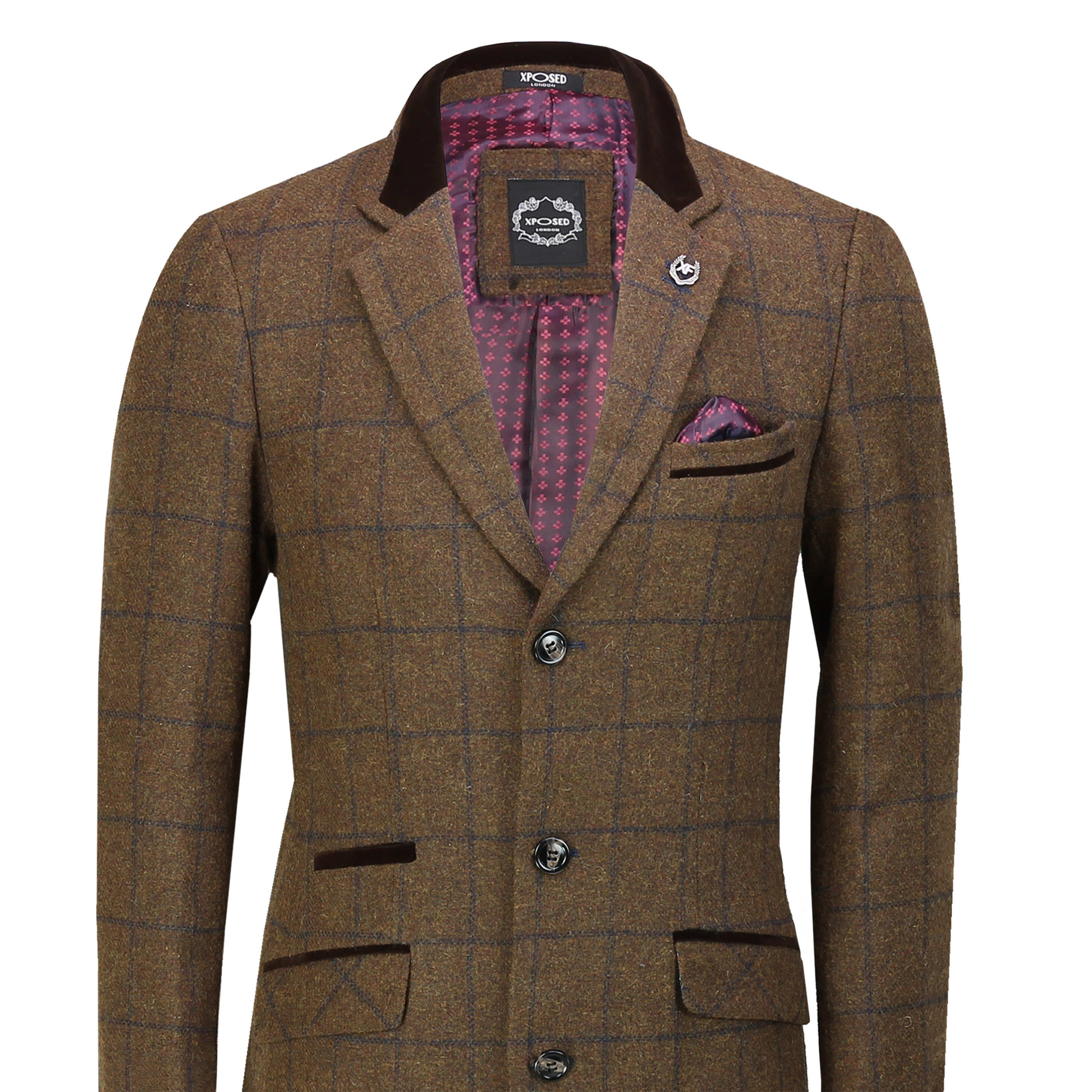 Mens 3/4 Long Overcoat Wool Feel Tweed Check Retro Smart Winter Jacket